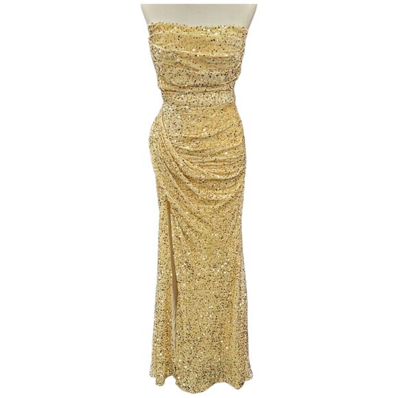 NWT Beige Gold Strapless Sequin Evening Gown with Corset Back on Velvet Fabric - Picture 1 of 12